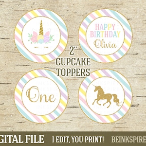 Unicorn Birthday Party Cupcake Toppers - FILE DIGITALE stampabile - Personalizzato 2" Rainbow Toppers - Cambia il nome e l'età del bambino!