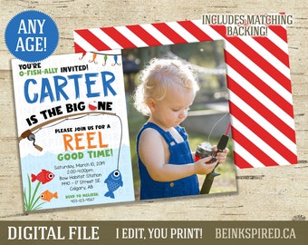 Fishing Birthday Invitation - Printable DIGITAL FILE - Boys The Big One First Birthday Party Invite - Includes Matching Backing!