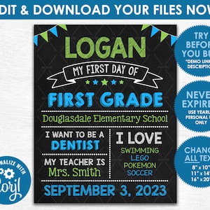 First Day of School Chalkboard Sign - Editable DIGITAL FILE - Blue and Green Back to School Photo Prop - Download & Edit Yourself NOW!