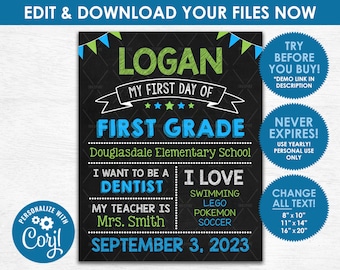 First Day of School Chalkboard Sign - Editable DIGITAL FILE - Blue and Green Back to School Photo Prop - Download & Edit Yourself NOW!
