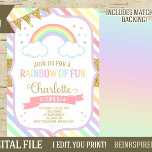 May include: A printable invitation for a rainbow-themed birthday party. The invitation features a rainbow, clouds, and gold glitter. The text on the invitation reads "Join us for a Rainbow of Fun Charlotte is turning 4!"  The invitation also includes the date, time, and location of the party.