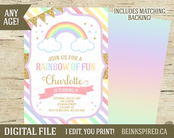 May include: A printable invitation for a rainbow-themed birthday party. The invitation features a rainbow, clouds, and gold glitter. The text on the invitation reads "Join us for a Rainbow of Fun Charlotte is turning 4!"  The invitation also includes the date, time, and location of the party.