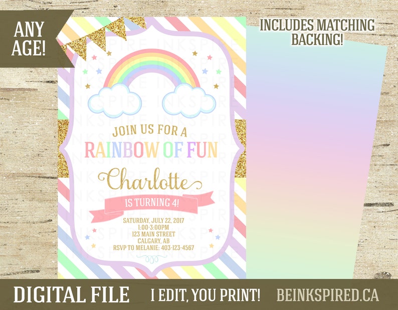 May include: A printable invitation for a rainbow-themed birthday party. The invitation features a rainbow, clouds, and gold glitter. The text on the invitation reads "Join us for a Rainbow of Fun Charlotte is turning 4!"  The invitation also includes the date, time, and location of the party.