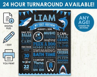 May include: A blue and white shark-themed first birthday chalkboard sign with the name Liam, the date 1st August 2019, and details about the child's milestones, including favourite toys, foods, and activities. The sign also includes the child's height and weight.