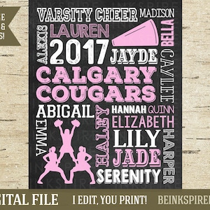 Pu&ograve; includere: Un design digitale stampabile in bianco e nero con una squadra di cheerleader con il testo "Varsity Cheer Madison 2017 Calgary Cougars" e i nomi delle cheerleader: Alexis, Lauren, Caylee, Jayde, Abigail, Hannah Quinn, Emma, Hailey, Elizabeth, Lily, Jade, Harper e Serenity.
