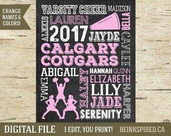 May include: A black and white digital printable design featuring a cheerleading squad with the text "Varsity Cheer Madison 2017 Calgary Cougars" and the names of the cheerleaders: Alexis, Lauren, Caylee, Jayde, Abigail, Hannah Quinn, Emma, Hailey, Elizabeth, Lily, Jade, Harper, and Serenity.