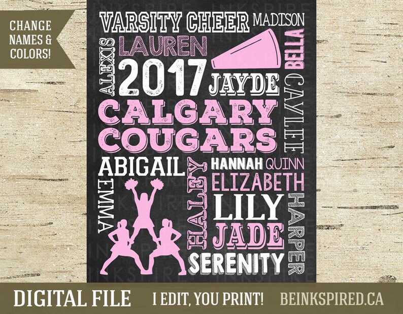 Pu&ograve; includere: Un design digitale stampabile in bianco e nero con una squadra di cheerleader con il testo "Varsity Cheer Madison 2017 Calgary Cougars" e i nomi delle cheerleader: Alexis, Lauren, Caylee, Jayde, Abigail, Hannah Quinn, Emma, Hailey, Elizabeth, Lily, Jade, Harper e Serenity.