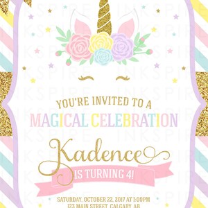 Unicorn Birthday Invitation, Unicorn Invitation, Magical Invitation, Rainbow Gold Glitter, Unicorn Party, 1st 2nd 3rd, KADENCE, DIGITAL FILE image 5