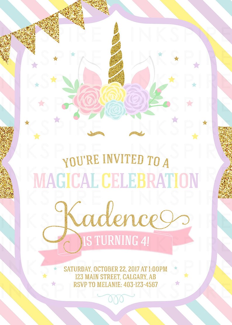 Unicorn Birthday Invitation, Unicorn Invitation, Magical Invitation, Rainbow Gold Glitter, Unicorn Party, 1st 2nd 3rd, KADENCE, DIGITAL FILE image 5