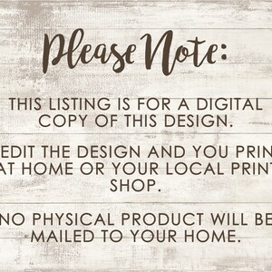 Pu&ograve; includere: Un avviso di download digitale su uno sfondo a effetto legno. Il testo recita "Nota bene: Questo annuncio &egrave; per una copia digitale di questo design. Io modifico il design e tu lo stampi a casa o presso la tua tipografia locale. Nessun prodotto fisico verr&agrave; spedito a casa tua."