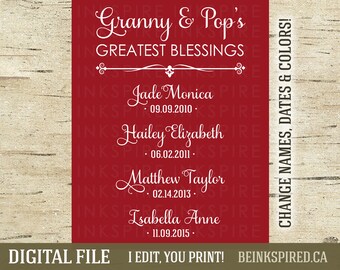 May include: A red background with white text that reads "Granny & Pop's Greatest Blessings" and lists names and dates. The text "Change Names, Dates & Colors!" is on the right side of the image. The text "Digital File I Edit, You Print! BeInspired.ca" is at the bottom of the image.