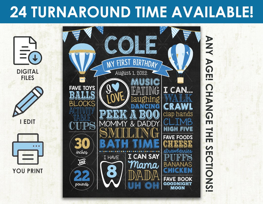 Hot Air Balloon Birthday Board Printable DIGITAL FILE Boys Etsy