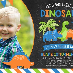 May include: A birthday invitation with a chalkboard background featuring a dinosaur theme. The invitation has a photo of a young boy, a palm tree, and three dinosaurs. The text on the invitation reads "Let's party like a dinosaur" and "Blake is turning 4!" with details about the party.