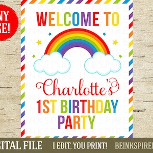 Segno di benvenuto arcobaleno - FILE DIGITALE stampabile - Segno personalizzato della porta della festa di compleanno arcobaleno - Cambia il nome e l'età del bambino!