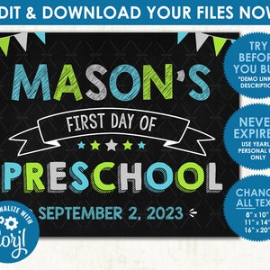 Peut inclure: Une pancarte en ardoise avec le texte "Mason's First Day of Preschool September 2, 2023" en lettres colorées. La pancarte est décorée d'étoiles, de drapeaux et d'un engrenage. La pancarte est disponible en plusieurs tailles : 8x10 pouces, 11x14 pouces et 16x20 pouces.