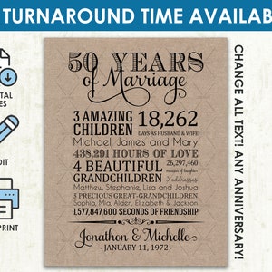 Regalo de 50 aniversario para esposo o esposa - ARCHIVO DIGITAL imprimible - Regalo personalizado de aniversario de boda de 50 años - ¡Cualquier año! ¡Cualquier color!