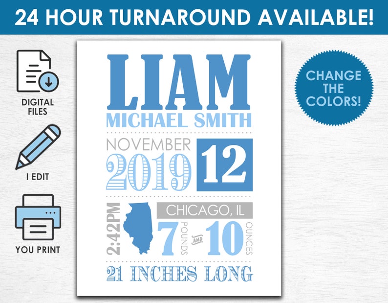 May include: A personalized birth announcement print with the name "LIAM" in blue. Details include the full name, birth date, time, location (Chicago, IL), weight (7 pounds 10 ounces), and length (21 inches). The text "24 HOUR TURNAROUND AVAILABLE!" is at the top.