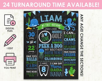 Under the Sea Birthday Chalkboard - Printable DIGITAL FILE -  Ocean Sea Creatures First Birthday Milestone Board Sign Poster Banner