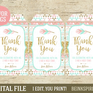 Tag personalizzato Wild One Favor - FILE DIGITALE - Stampabile 3,5"x2" Pink Mint & Gold Glitter Tribal Tag di ringraziamento - Cambia il nome del bambino!