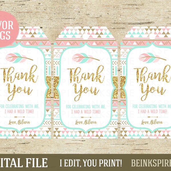 Personalized Wild One Favor Tag - DIGITAL FILE - Printable 3.5"x2" Pink Mint & Gold Glitter Tribal Thank You Tags - Change the Child's Name!