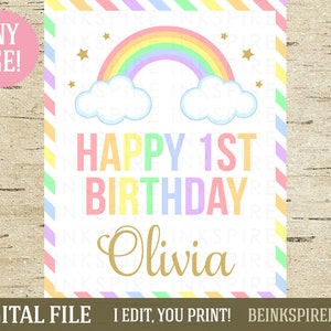Regenbogen Happy Birthday Schild - druckbare DIGITALE DATEI - Personalisiertes Regenbogen-Geburtstags-Party-Türschild - Ändern Sie den Namen und das Alter des Kindes!