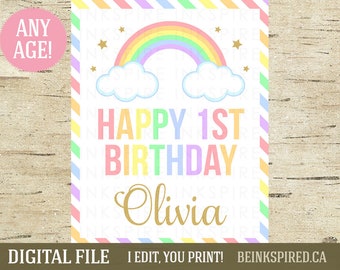 Rainbow Happy Birthday Sign - Printable DIGITAL FILE - Personalized Rainbow Birthday Party Door Sign - Change Child's Name & Age!