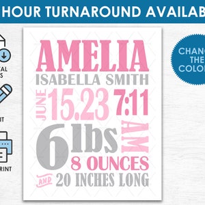 Mädchen Geburt Stats Print - druckbare DIGITALE DATEI - Personalisiertes neues Baby Geschenk - Baby Ankündigung Kinderzimmer Wand Kunst Dekor - Ändern Sie die Farben!