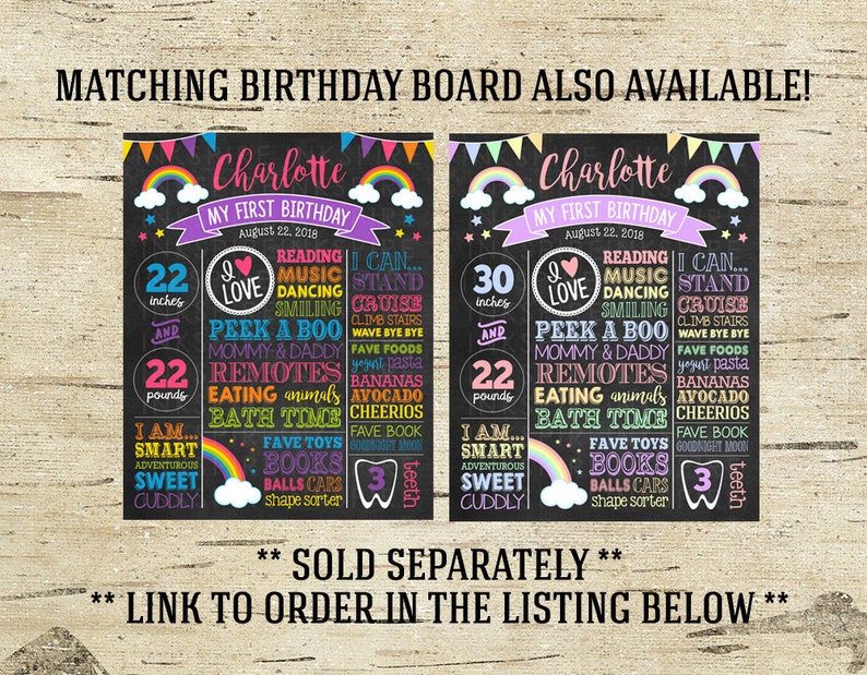 May include: Two black chalkboard style signs with rainbow accents, each with the name Charlotte and the text "My First Birthday". The signs list the child's age in inches and pounds, along with other details like favorite foods and activities. The signs are decorated with rainbows, stars, and hearts.