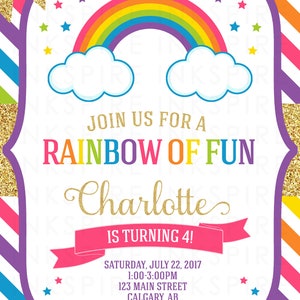 May include: A rainbow-themed birthday party invitation with a colorful rainbow, clouds, and gold glitter stars. The text reads "Join us for a Rainbow of Fun Charlotte is turning 4!" with the date, time, and location details below.