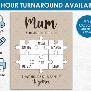 Mom Puzzle Piece Sign - Printable DIGITAL FILE - Personalized Birthday Gift for Mum - Family Puzzle Sign - Any Colors! Up to 12 Names!