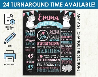 Kitty Cat Birthday Chalkboard - Printable DIGITAL FILE - Pink and Blue Kitty Cat Cats Kitten Birthday Party Milestone Poster Sign Board