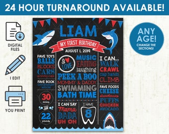 May include: A blue and red chalkboard style printable sign for a first birthday party. The sign features a shark theme with the name Liam, the age 1, and the date 1 August 2019. The sign also includes details about the child's favourite toys, foods, and activities.