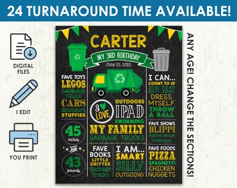 Puede incluir: Un cartel de cumpleaños de estilo pizarra verde y negro para el tercer cumpleaños de un niño. El cartel presenta un camión de basura verde, un corazón verde y el texto "Carter, Mi 3er cumpleaños, 22 de junio de 2022". El cartel también incluye una lista de las cosas favoritas del niño, incluidos los juguetes, las actividades y los alimentos. El cartel está decorado con acentos verdes y amarillos.