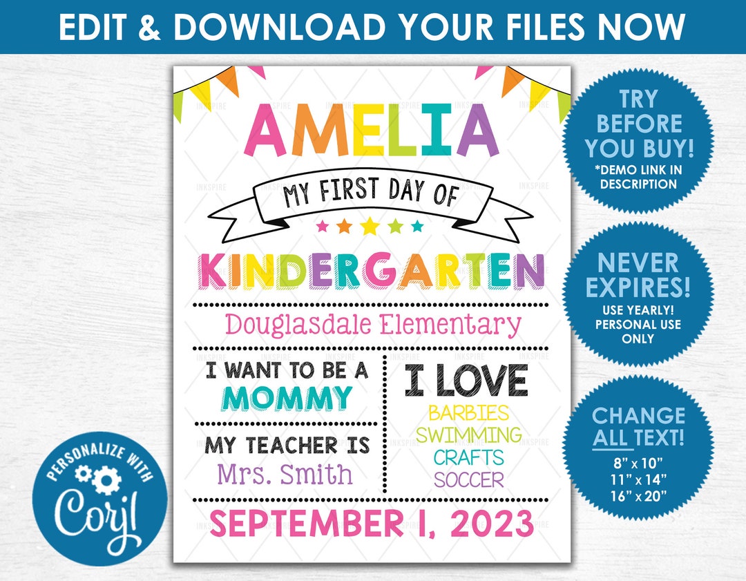 First Day of School Chalkboard Sign - Editable DIGITAL FILE - Girl ...