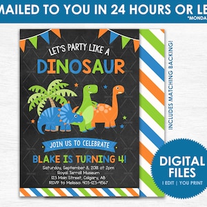 May include: A printable dinosaur birthday party invitation with a chalkboard background. The invitation features a green, orange, and blue colour scheme with a dinosaur illustration. The text on the invitation reads "Let's party like a dinosaur" and "Blake is turning 4!"
