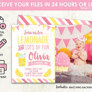 Lemonade Birthday Invitation - Printable DIGITAL FILE - Girls Pink Lemon Lemonade Stand Glass First Birthday Party Invite Invitation