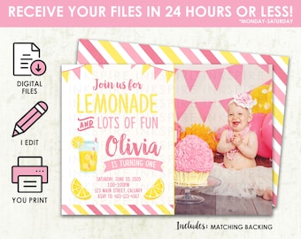 Lemonade Birthday Invitation - Printable DIGITAL FILE - Girls Pink Lemon Lemonade Stand Glass First Birthday Party Invite Invitation
