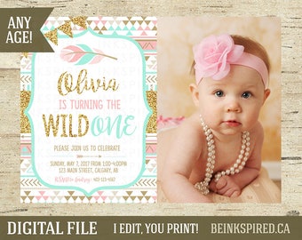 Girl Tribal Invitation, Wild One Birthday Invitation, Wild One Party Invitation, Girl Wild One, Pink Mint Gold Glitter, OLIVIA, DIGITAL FILE