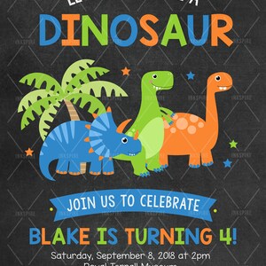 May include: A chalkboard birthday party invitation with a dinosaur theme. The invitation is decorated with a palm tree, three dinosaurs, and stars. The text on the invitation reads "Let's party like a dinosaur. Blake is turning 4! Saturday, September 8, 2018 at 2pm. Royal Terrall Museum. 123 Main Street, Calgary, AB. RSVP to Melissa: 403-123-4567."