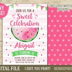 Aquarel watermeloen verjaardagsuitnodiging - DIGITAAL BESTAND - Afdrukbare Pink One in a Melon Party Invite -Elke leeftijd! Andere kleuren beschikbaar!