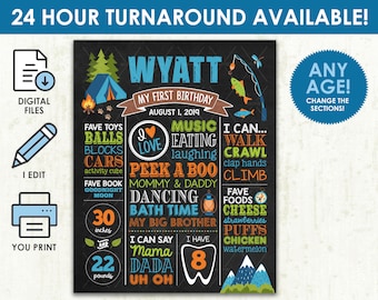 Camping Milestone Poster - Printable DIGITAL FILE - One Happy Camper First Birthday Chalkboard Board Sign - Any Age! Change All Text!