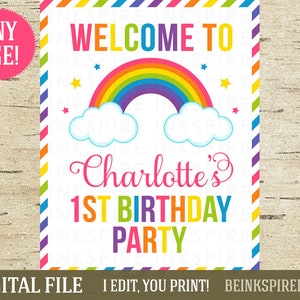 Signo de bienvenida de arco iris - ARCHIVO DIGITAL imprimible - Signo de puerta de fiesta de cumpleaños de arco iris personalizado - ¡Cambiar el nombre y la edad del niño!