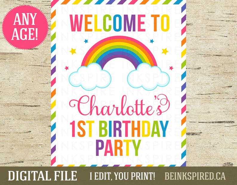 Rainbow Welcome Sign Printable DIGITAL FILE Personalized Rainbow Birthday Party Door Sign Change Child's Name & Age image 1