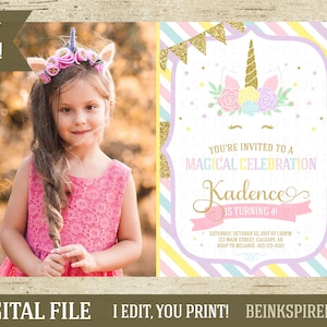 Unicorn Birthday Invitation, Unicorn Invitation, Magical Invitation, Rainbow Gold Glitter, Unicorn Party, 1st 2nd 3rd, KADENCE, DIGITAL FILE image 1