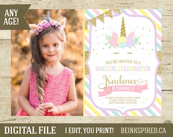May include: A birthday invitation with a unicorn theme. The invitation features a photo of a young girl wearing a unicorn headband. The text reads "You're invited to a magical celebration" and "Kadence is turning 4!"