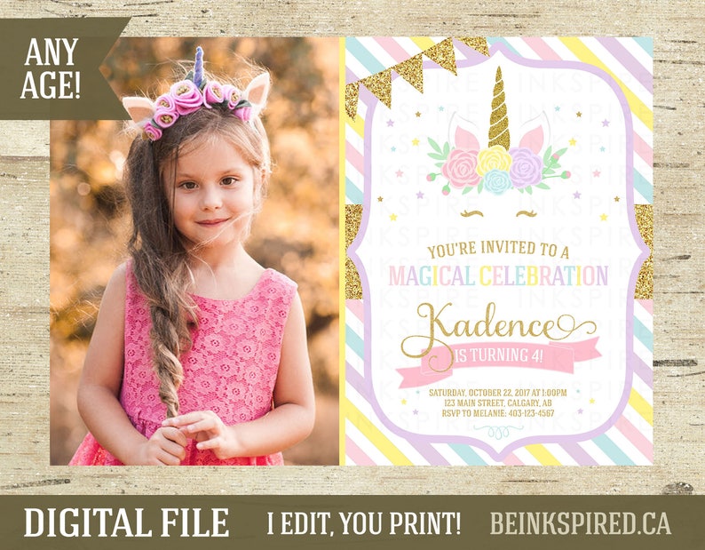 Unicorn Birthday Invitation, Unicorn Invitation, Magical Invitation, Rainbow Gold Glitter, Unicorn Party, 1st 2nd 3rd, KADENCE, DIGITAL FILE image 1