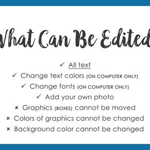May include: A white background with black text listing what can be edited on a digital design.  The text says "What Can Be Edited?"  The editable elements include all text, text colors, fonts, and adding a photo.  The non-editable elements include graphics, colors of graphics, and the background color.