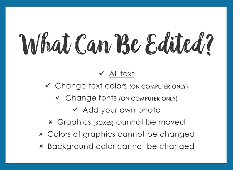 May include: A white background with black text listing what can be edited on a digital design.  The text says "What Can Be Edited?"  The editable elements include all text, text colors, fonts, and adding a photo.  The non-editable elements include graphics, colors of graphics, and the background color.