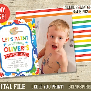 Convite de aniversário de pintura - ARQUIVO DIGITAL para impressão - Convite para festa com fotos de respingos de tinta para meninos - Qualquer idade! Outras cores disponíveis!