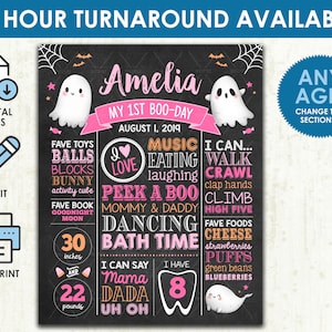 Pizarra de cumpleaños de fantasma rosa - ARCHIVO DIGITAL imprimible - Halloween Girls Boo Day Birthday Party Milestone Poster Sign - ¡Cualquier edad!